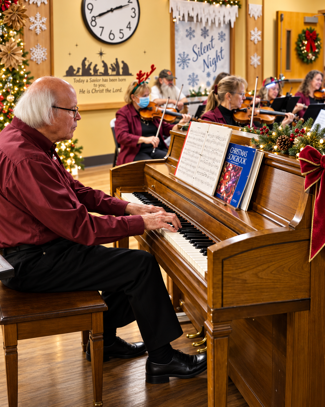 Live Christmas piano and orchestra music performance for Seasons residents