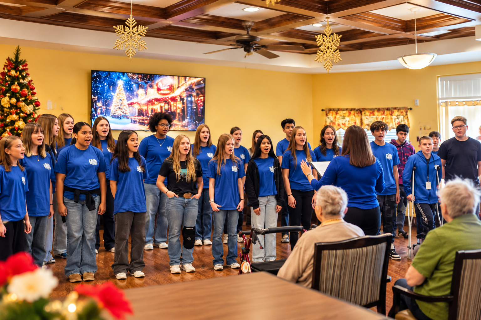 Youth choir visiting Seasons Health & Rehab to sing festive music for our seated residents