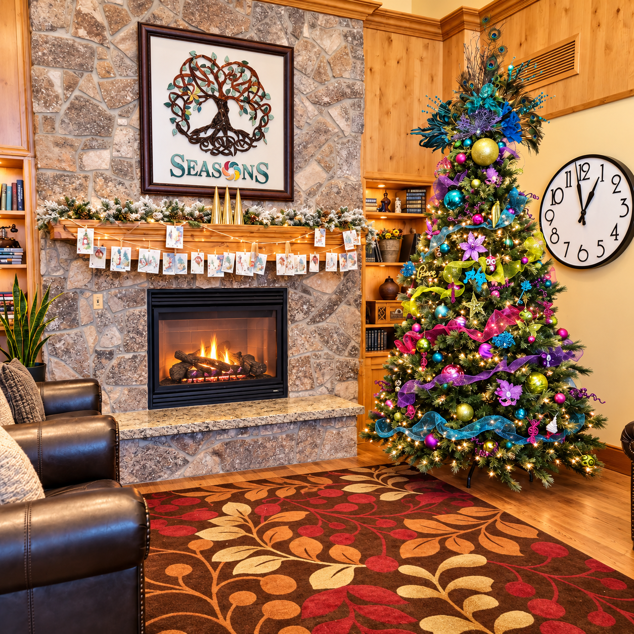 Festive Seasons fireplace and decorated holiday tree in the lobby