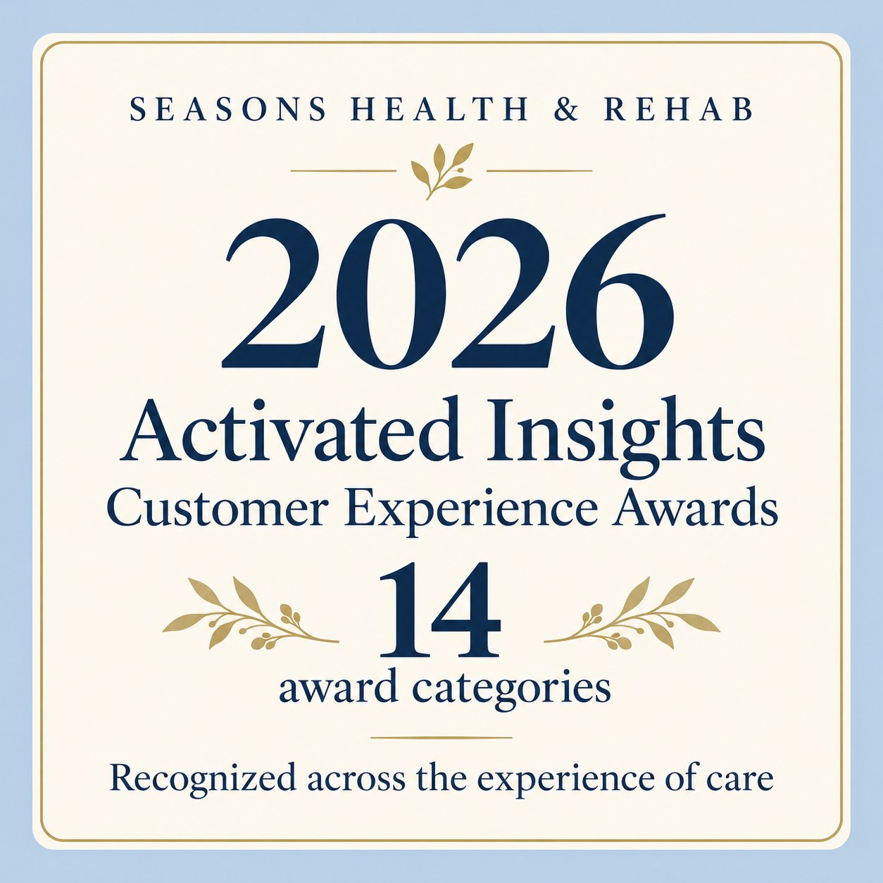 Seasons Health & Rehab, 2026 Activated Insights Customer Experience Awards: 14 award categories.