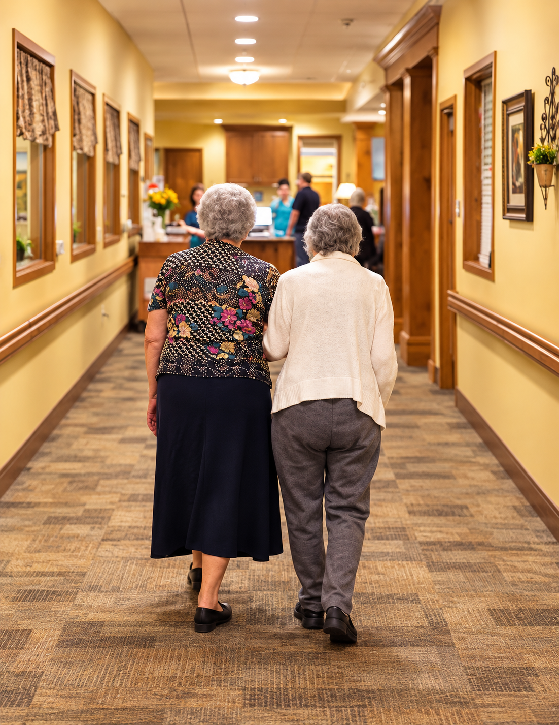 Residents practicing walking and mobility balance in the warm Seasons hallway