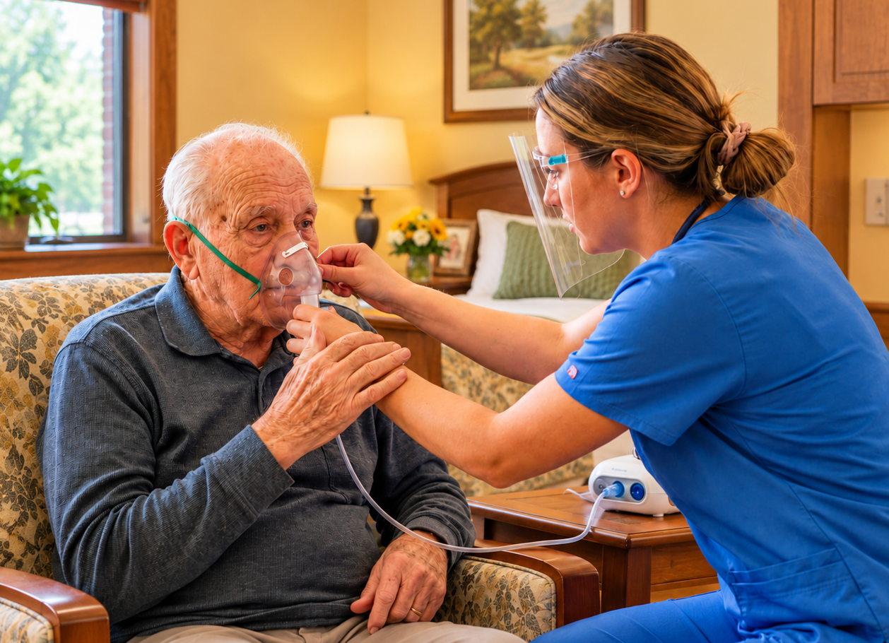 Seasons respiratory therapist administering breathing therapy to a seated resident