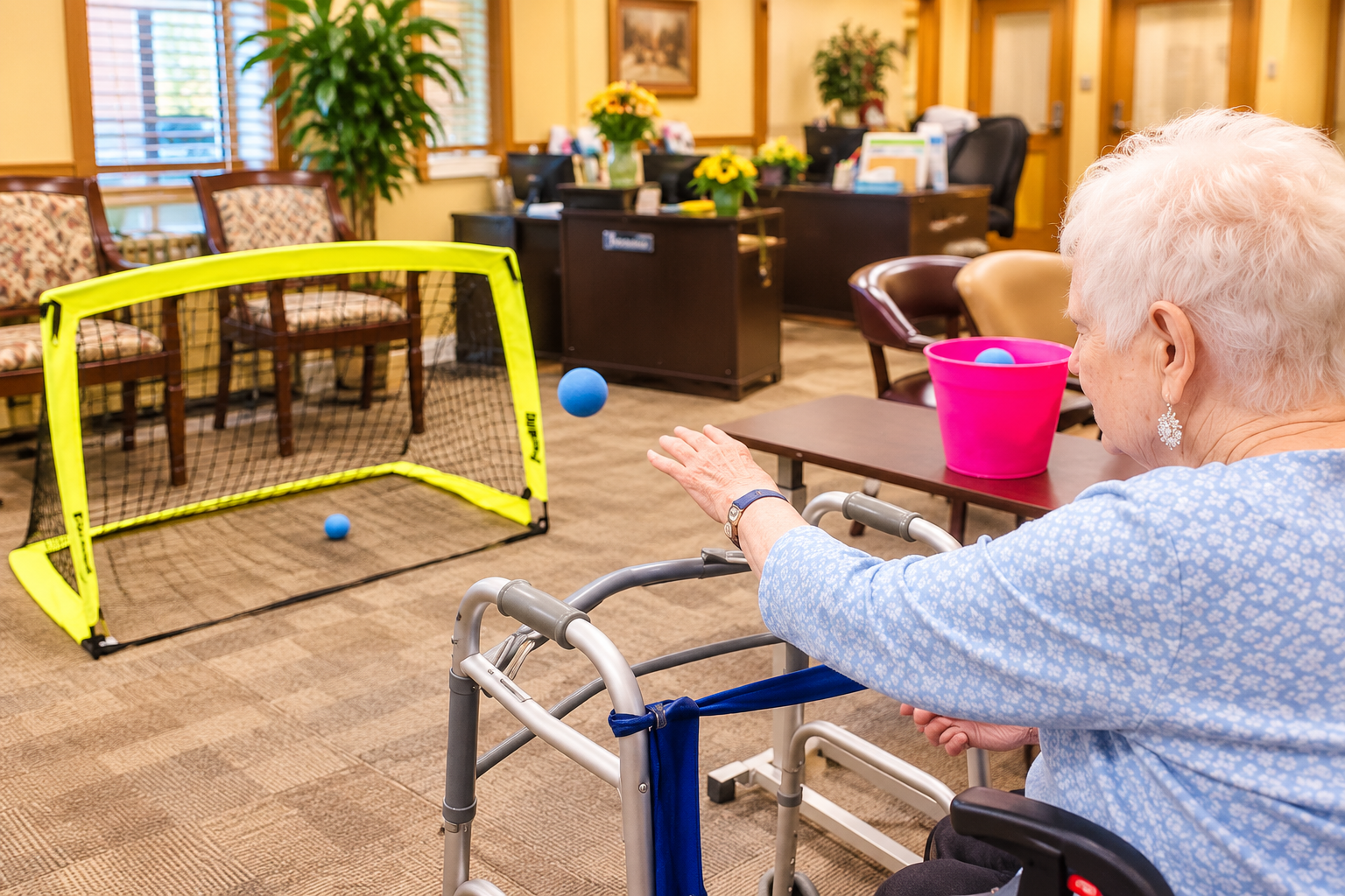 Resident engaged in hand-eye coordination and motor skill occupational therapy exercise