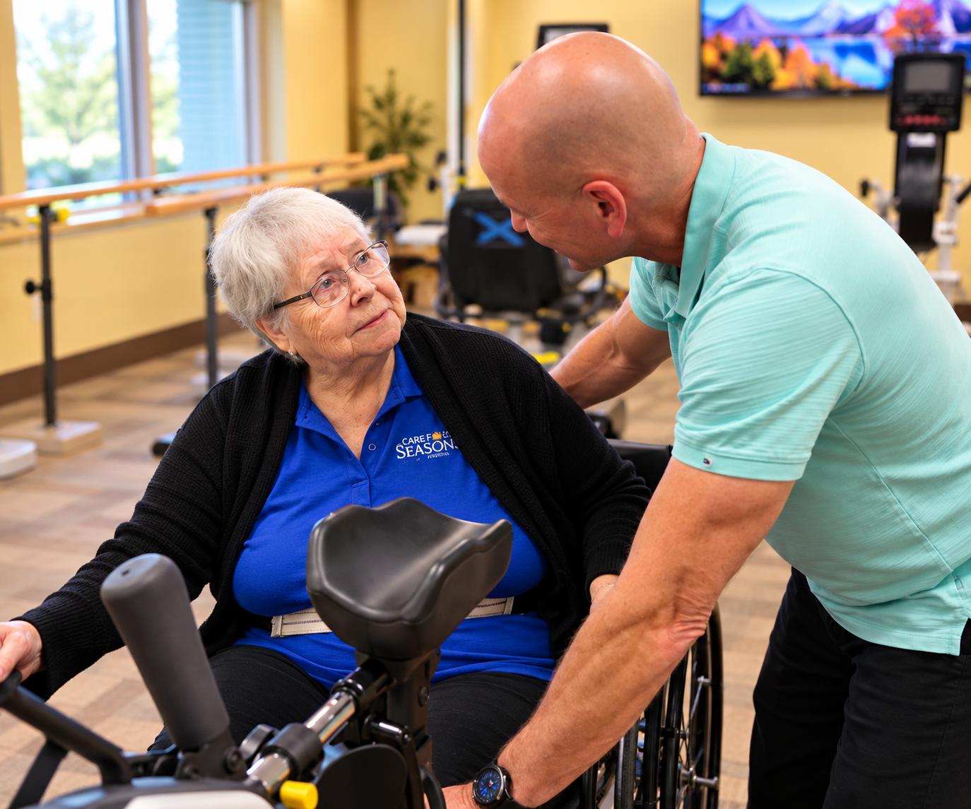 Dedicated Seasons rehabilitation therapist assisting resident during personalized rehab session