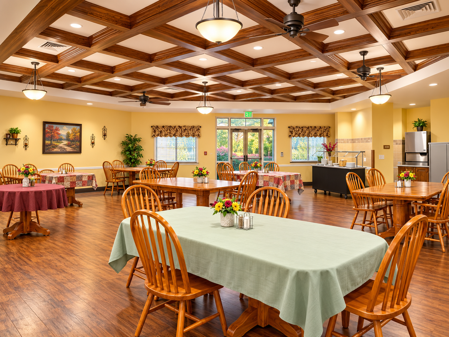 Seasons Health & Rehab spacious and welcoming dining room with coffered ceiling and dressed tables