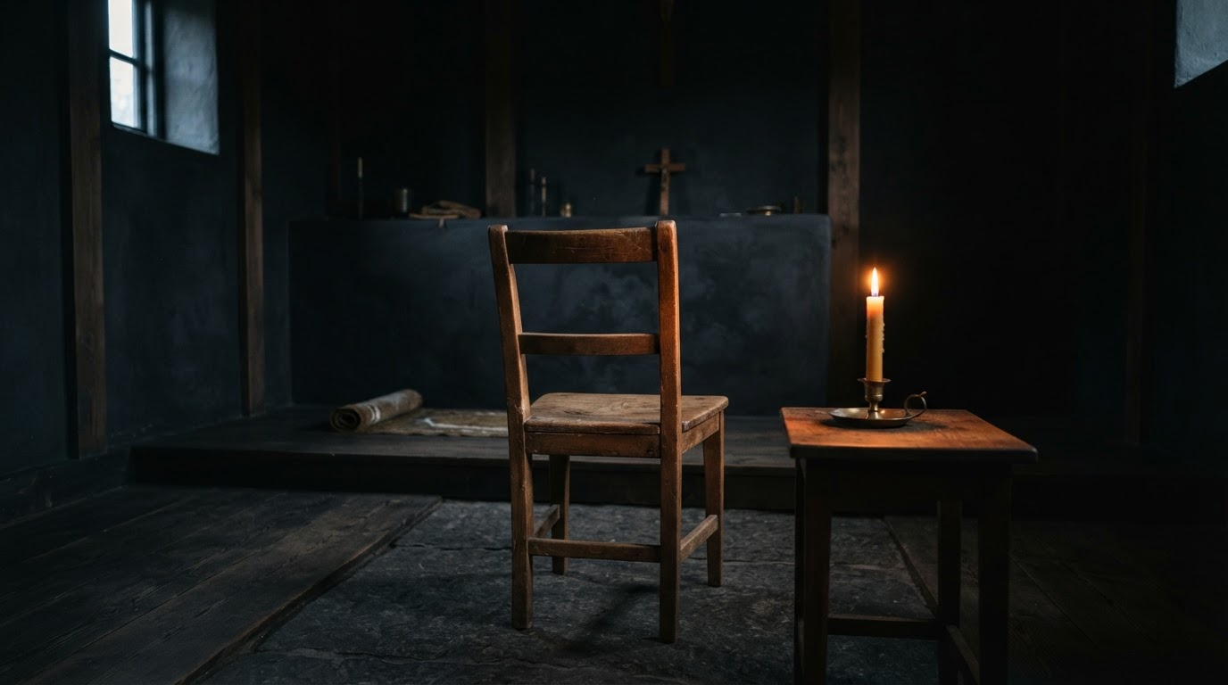 A dark, quiet prayer room with a single chair and a warm orange-gold candle glow