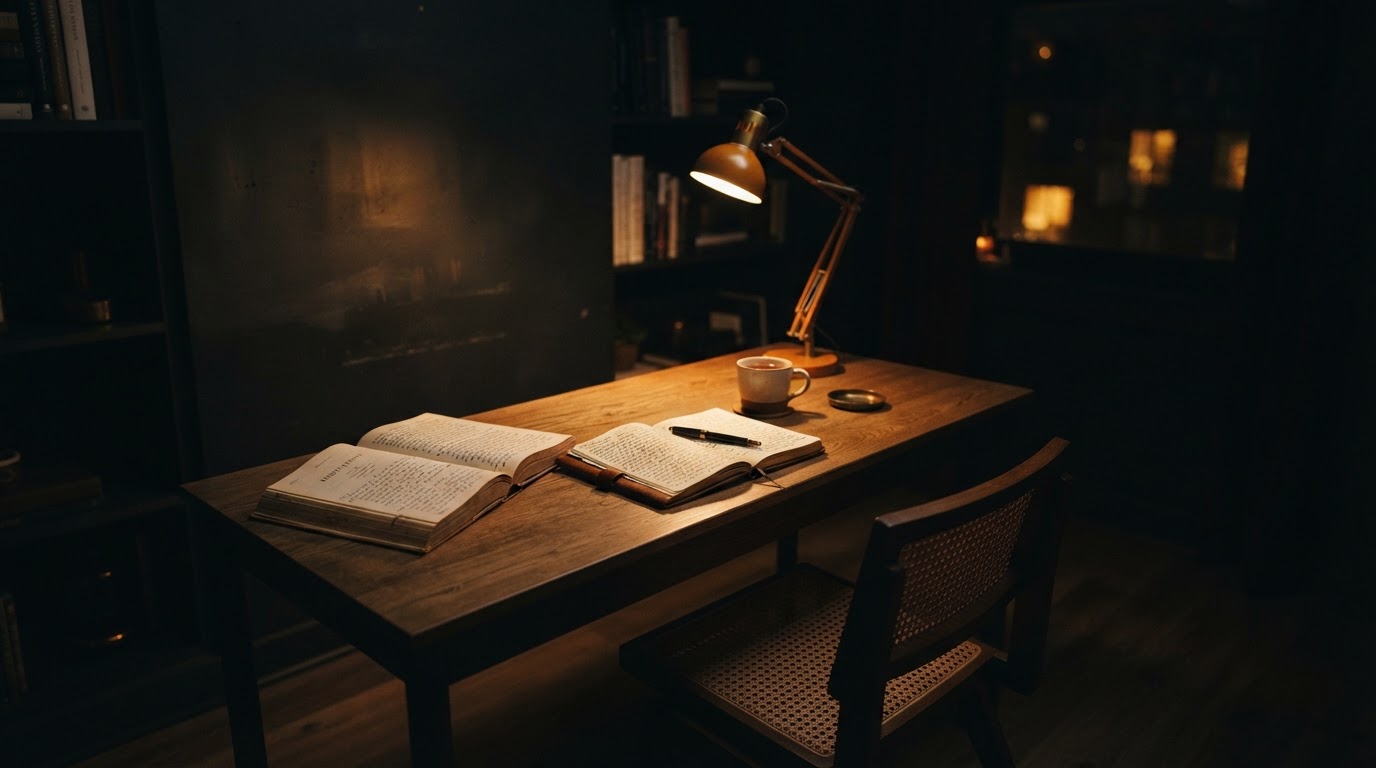 A dark, moody study at night with open books and a journal on a desk lit by a warm orange-gold reading lamp
