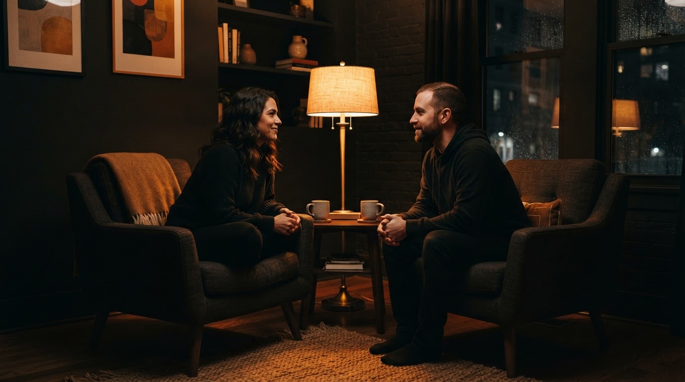 A dark, cozy living room at night with two armchairs facing each other in warm orange-gold lamplight