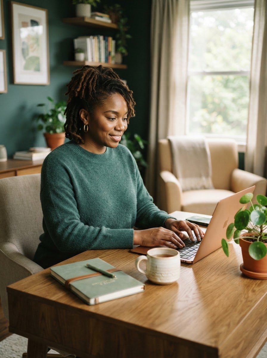 A therapist working calmly at a clean, softly lit desk in a private practice office