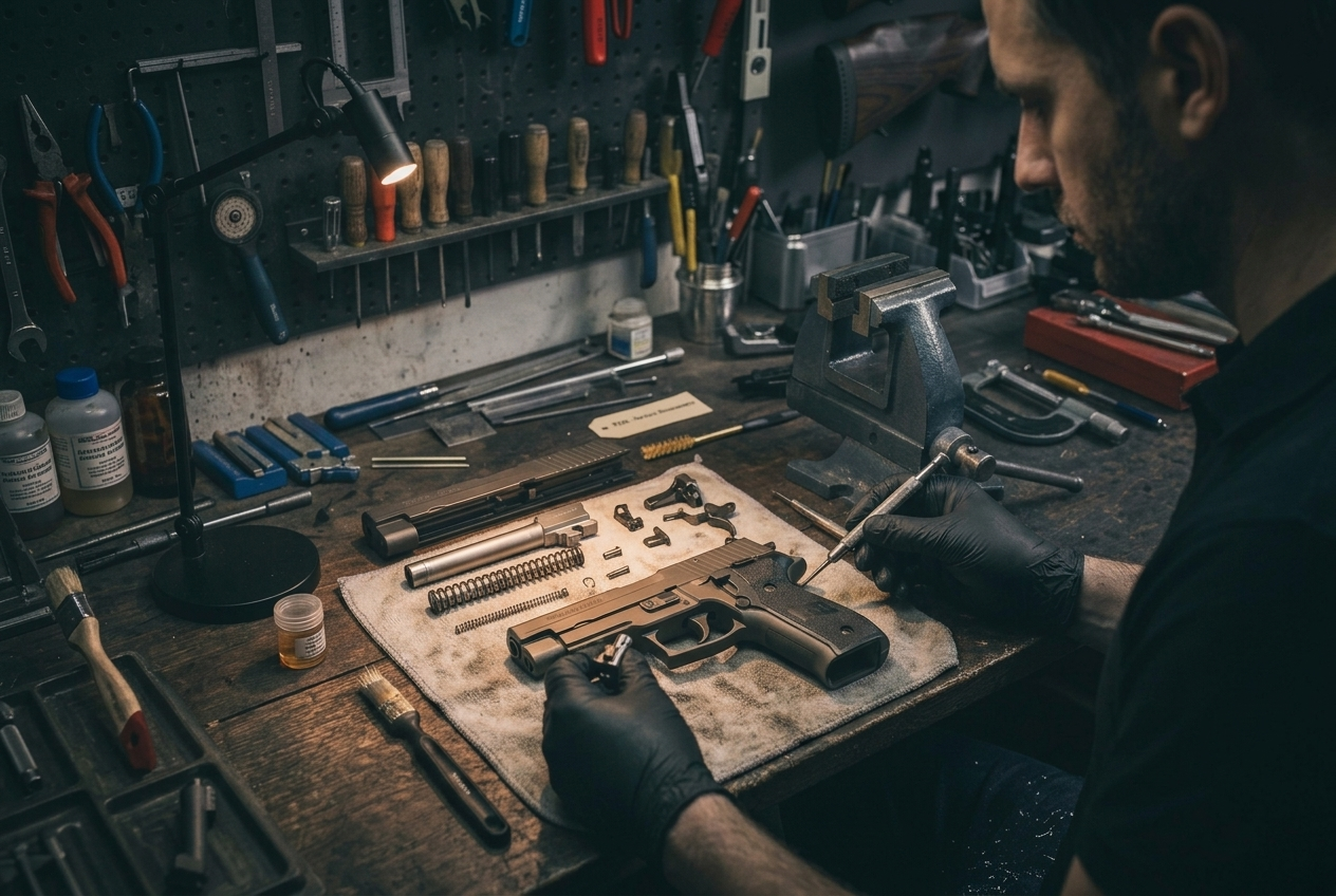 Precision custom firearm assembly, inspection, and components on gunsmith workbench at Ferrum Arms