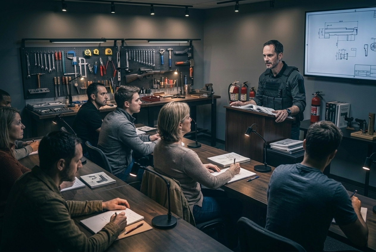 Technical firearms education and blueprint instruction session at Ferrum Arms workshop classroom