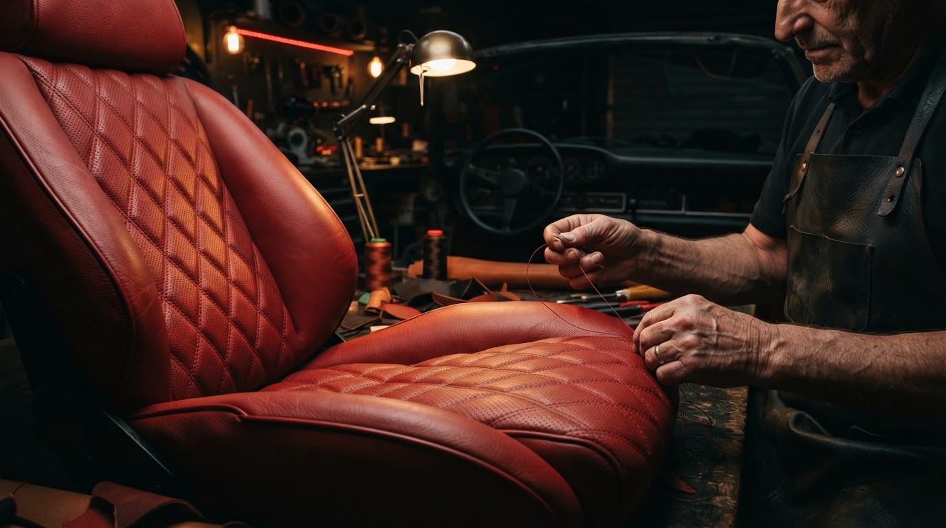 Craftsman stitching red leather upholstery in the NorthSide workshop