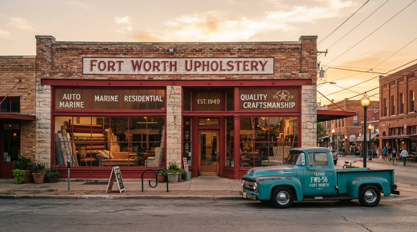 NorthSide Upholstery Shop storefront with iconic red trim in Fort Worth
