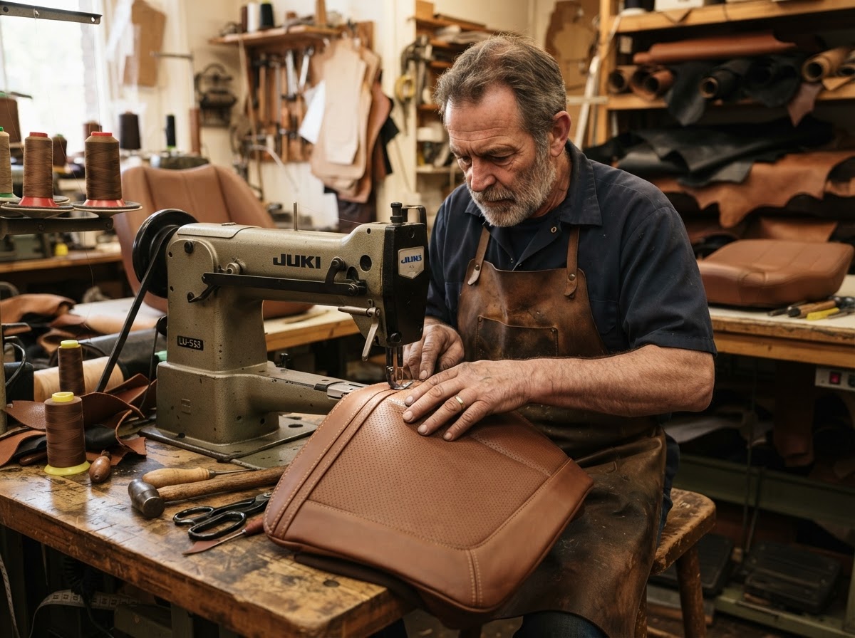 An experienced NorthSide upholsterer at the sewing machine