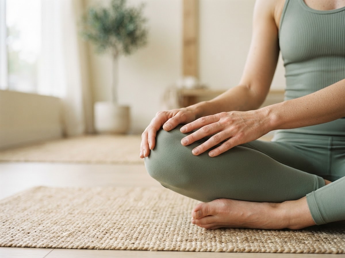 Calm hands resting in a seated Pilates pose in the studio