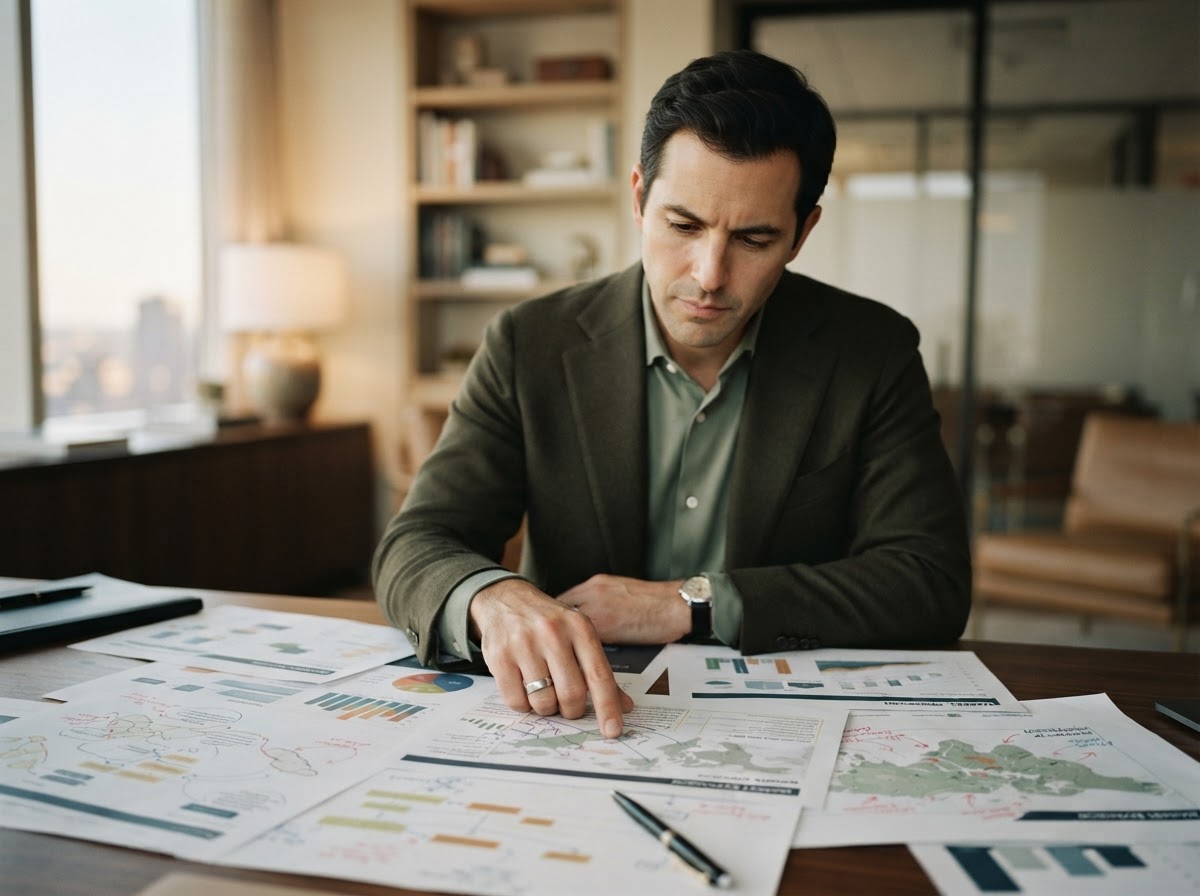 Professional reviewing market opportunity maps and growth charts