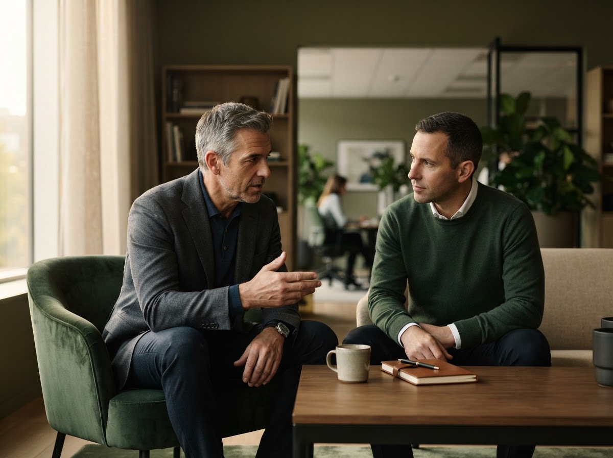 Two executives discussing scaling strategy and positioning