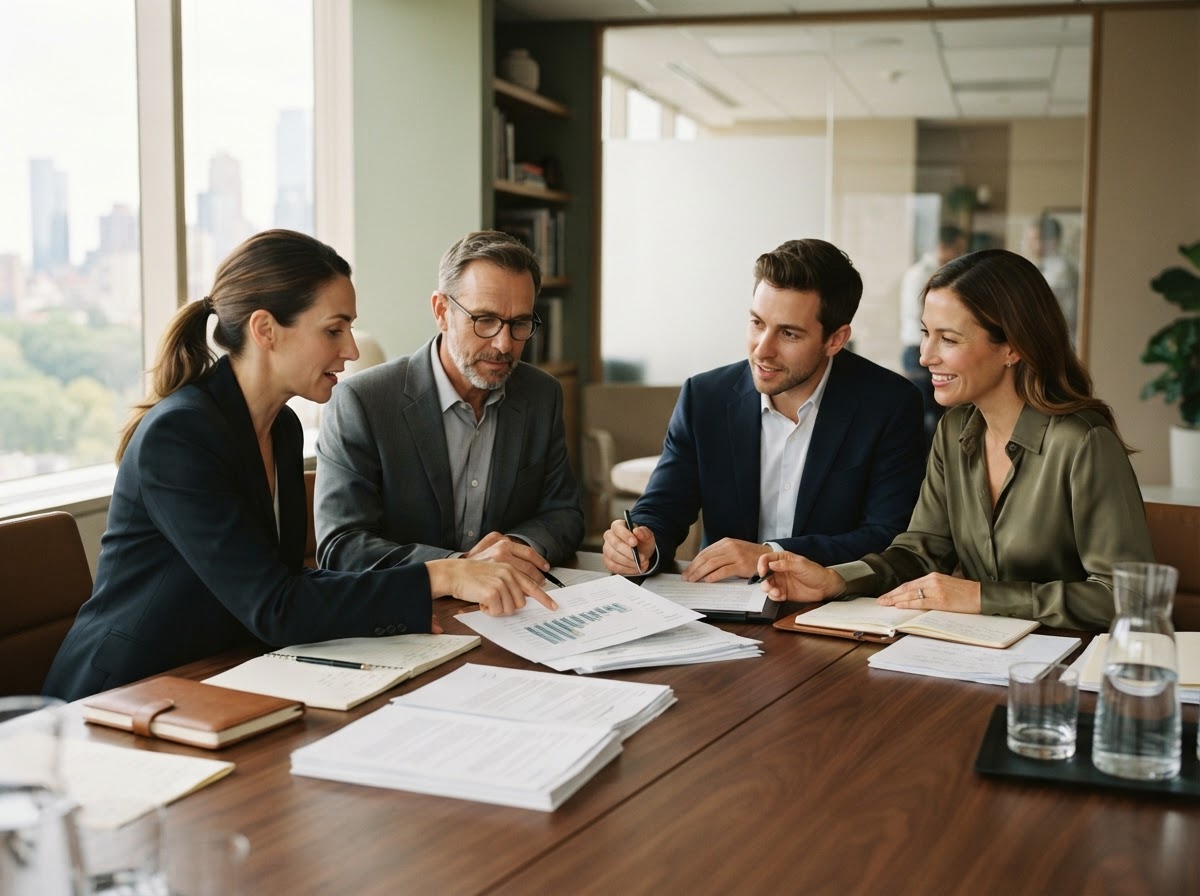 Executives in a focused strategic advisory conversation