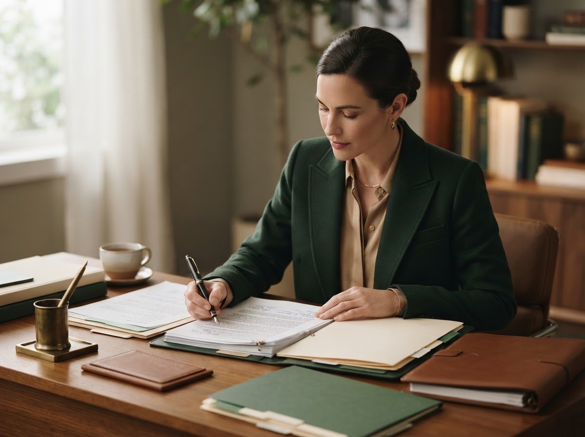 Professional carefully reviewing compliance documents and filings