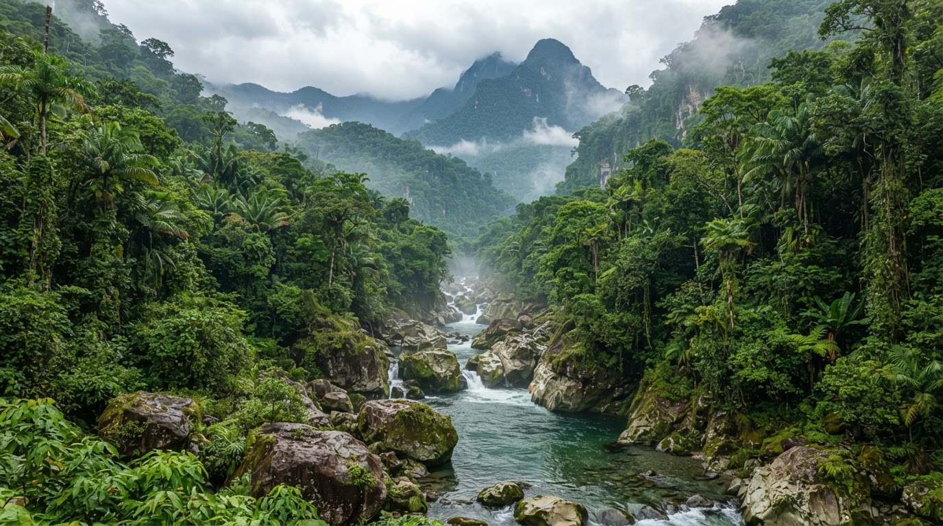 Selva tropical frondosa, cañón de río y neblina sobre las montañas de Pico Bonito en La Ceiba