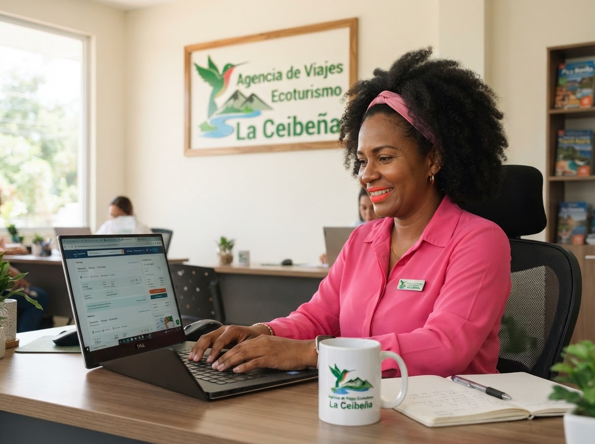 Agente de viajes de la Agencia de Viajes Ecoturismo La Ceibeña, mujer morena ceibeña con afro oscuro y diadema, mirando hacia su computadora