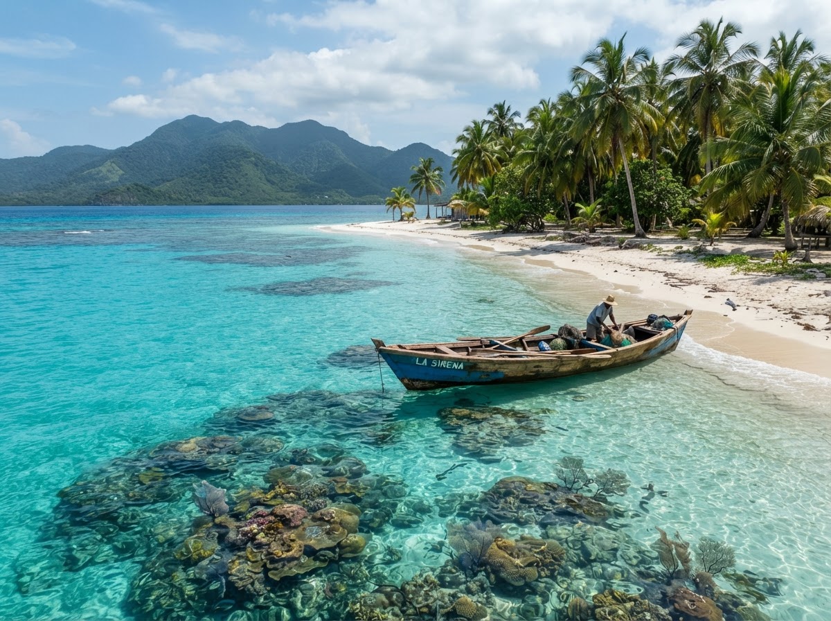 Playa de arena blanca y mar turquesa transparente con arrecifes en Cayos Cochinos, Honduras