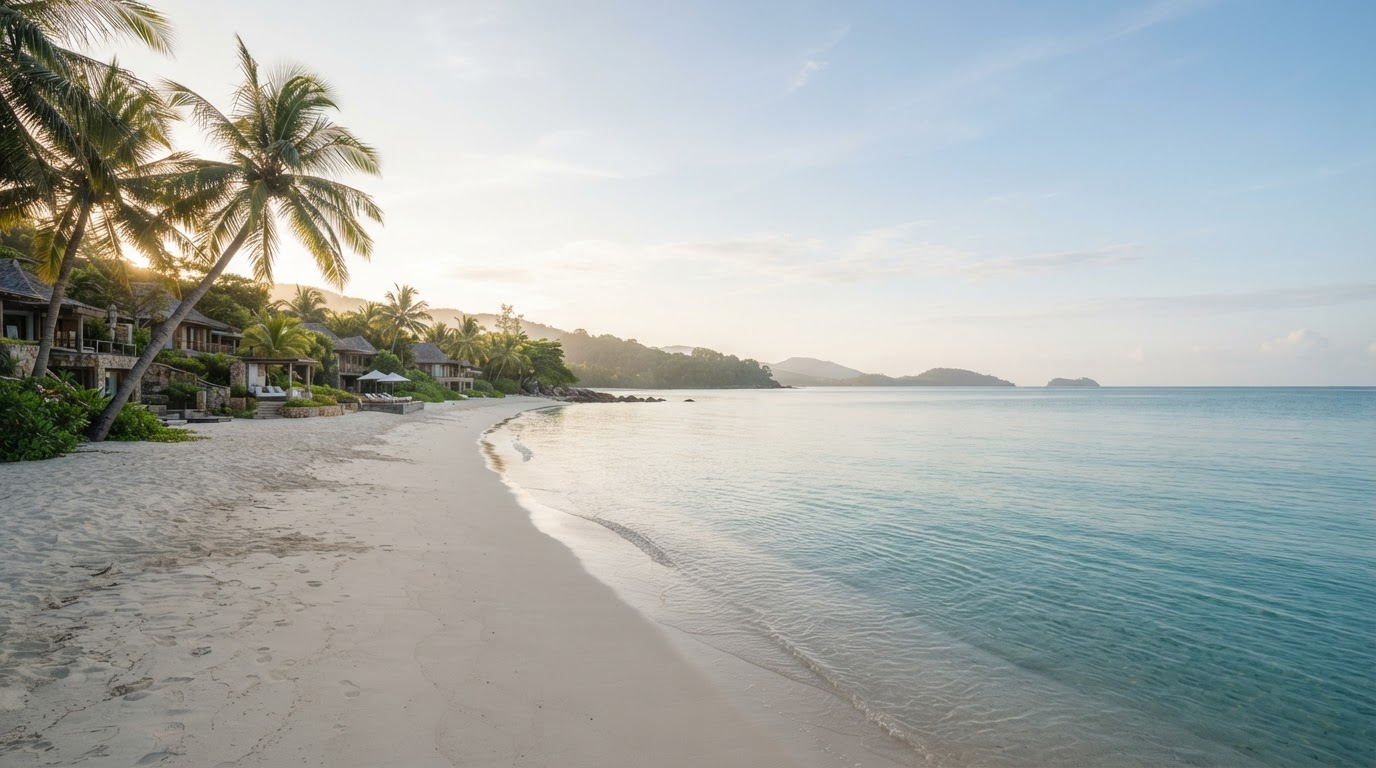 Calm turquoise coastline with soft white sand at morning light