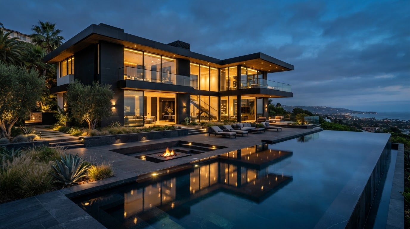 Luxury modern mansion at dusk with illuminated glass facade and infinity pool