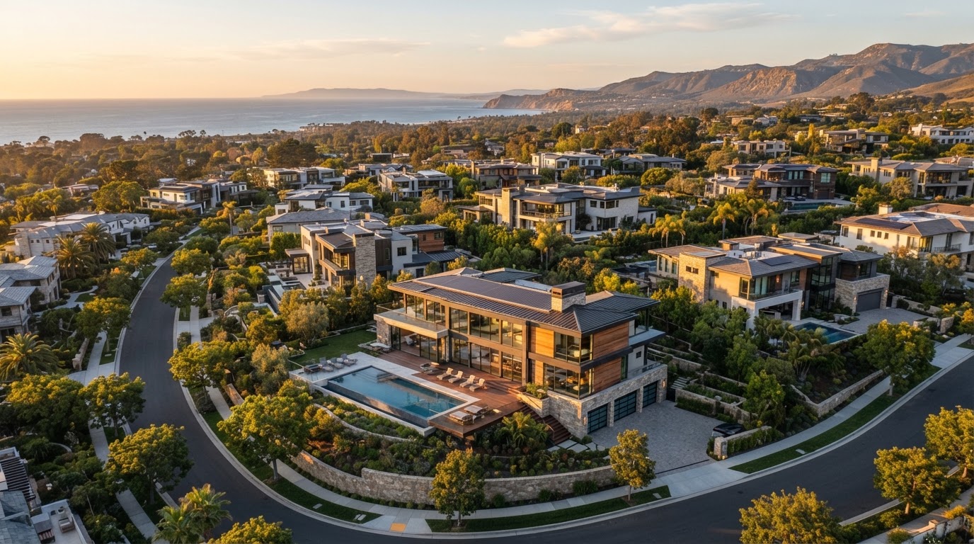 Aerial view of luxury modern homes in an upscale neighborhood at golden hour