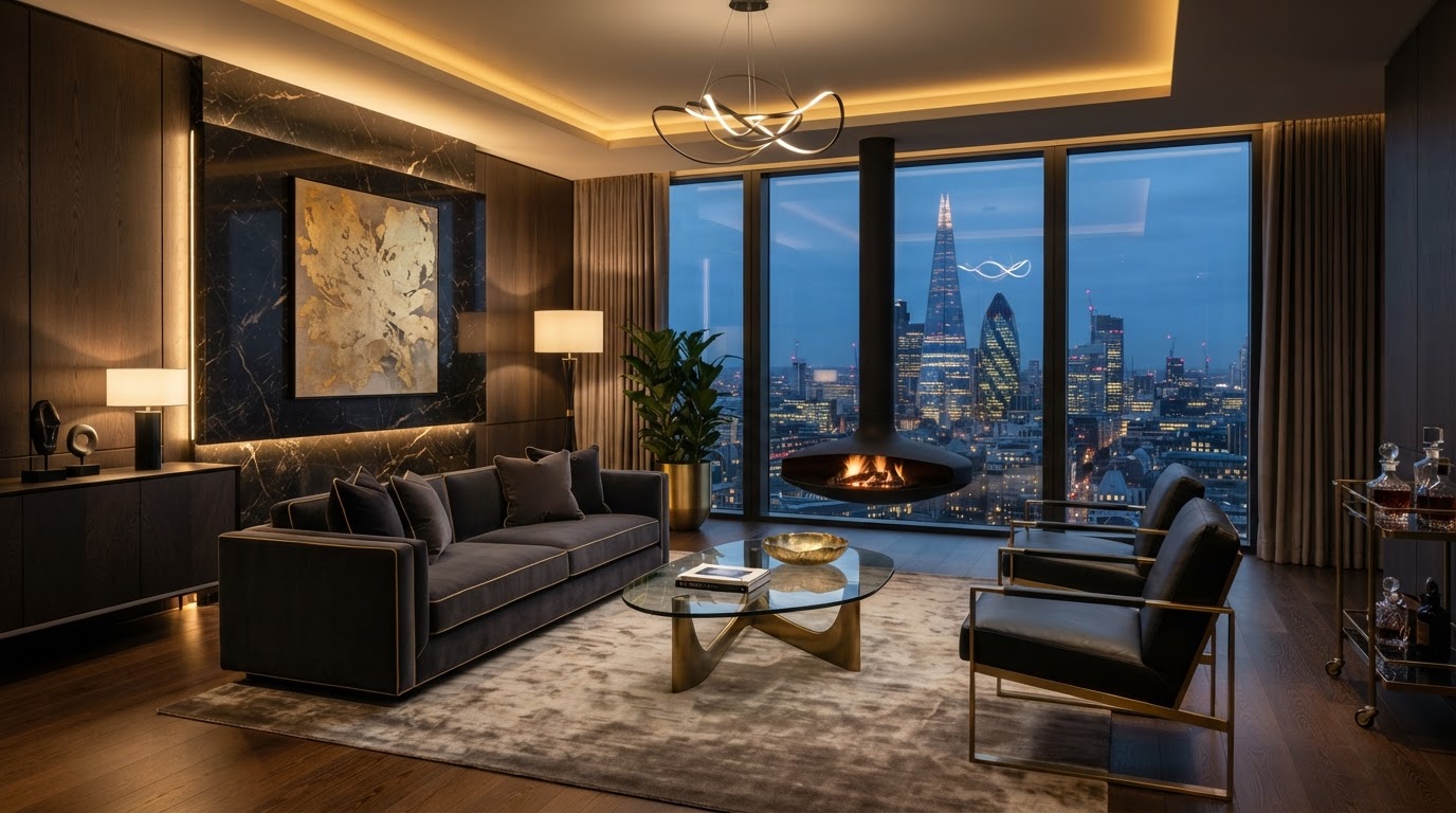 Sophisticated luxury living room with floor-to-ceiling windows and warm gold accent lighting