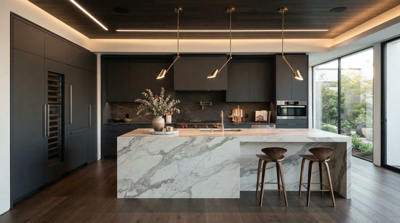 Elegant luxury kitchen with marble island and gold pendant lighting