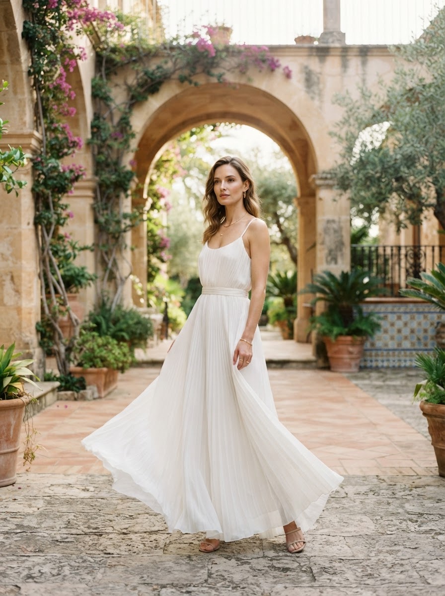 Model in a flowing white dress in a luxury resort courtyard with arches
