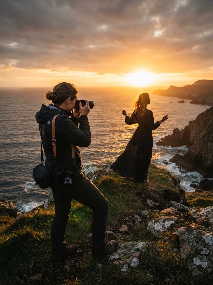 Photographer capturing a portrait at sunset on a dramatic coastal cliff