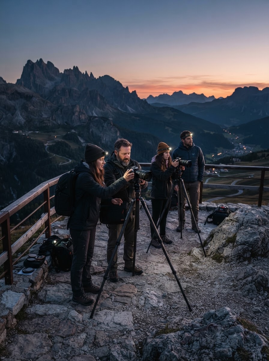 Group of photographers with professional cameras at a mountain overlook at blue hour