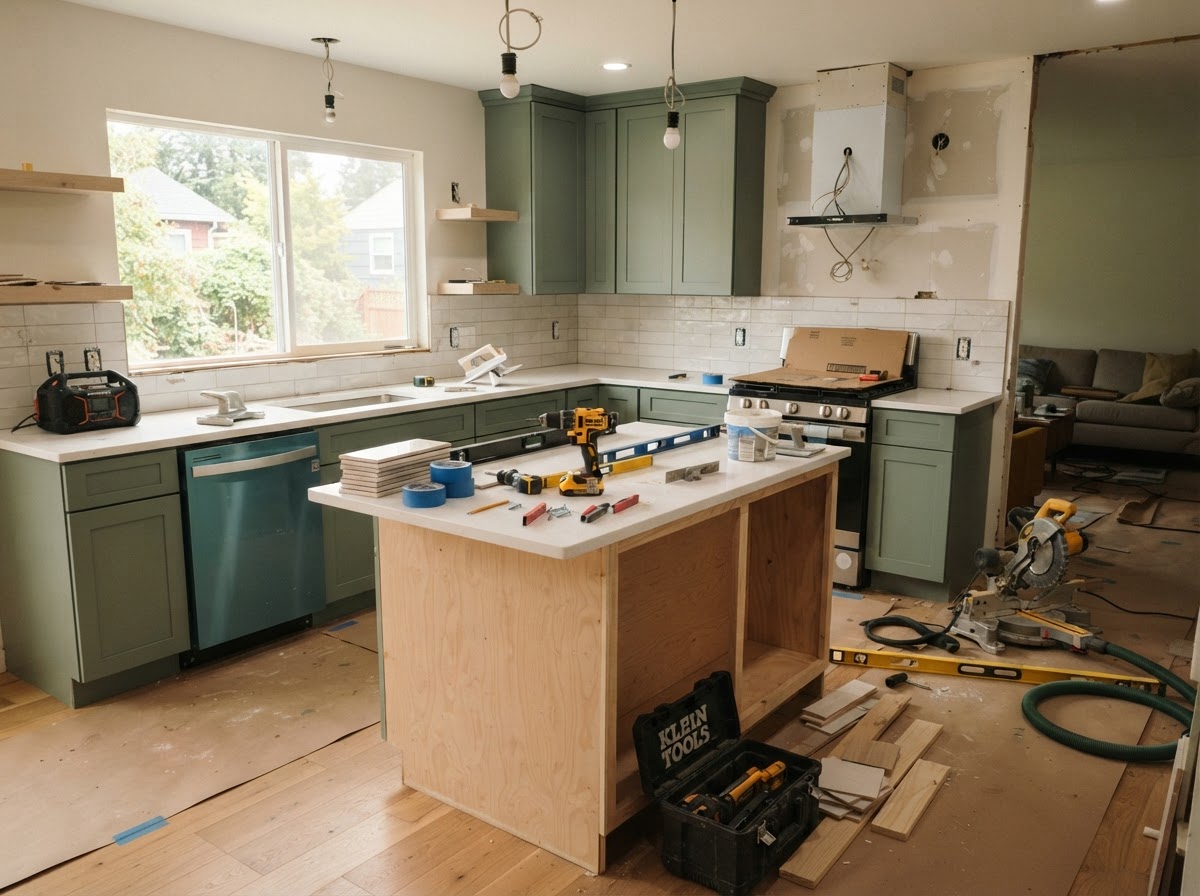 Modern kitchen renovation in progress with new cabinetry