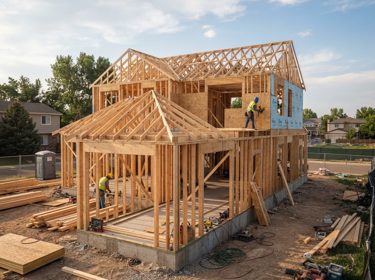 Residential home under construction with framing visible