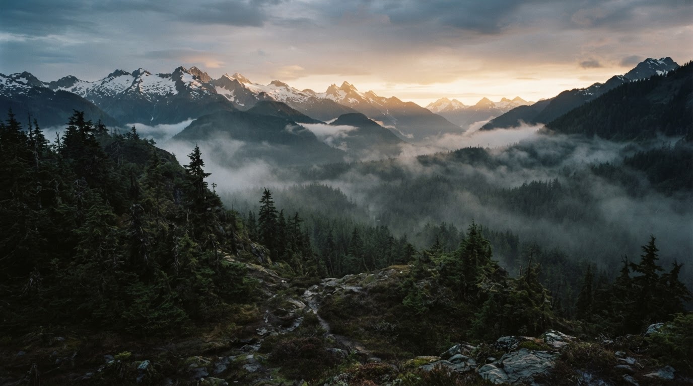 Mist over a remote forest valley at dawn
