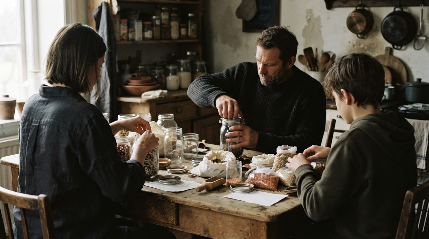 A family preparing supplies together at a rustic table