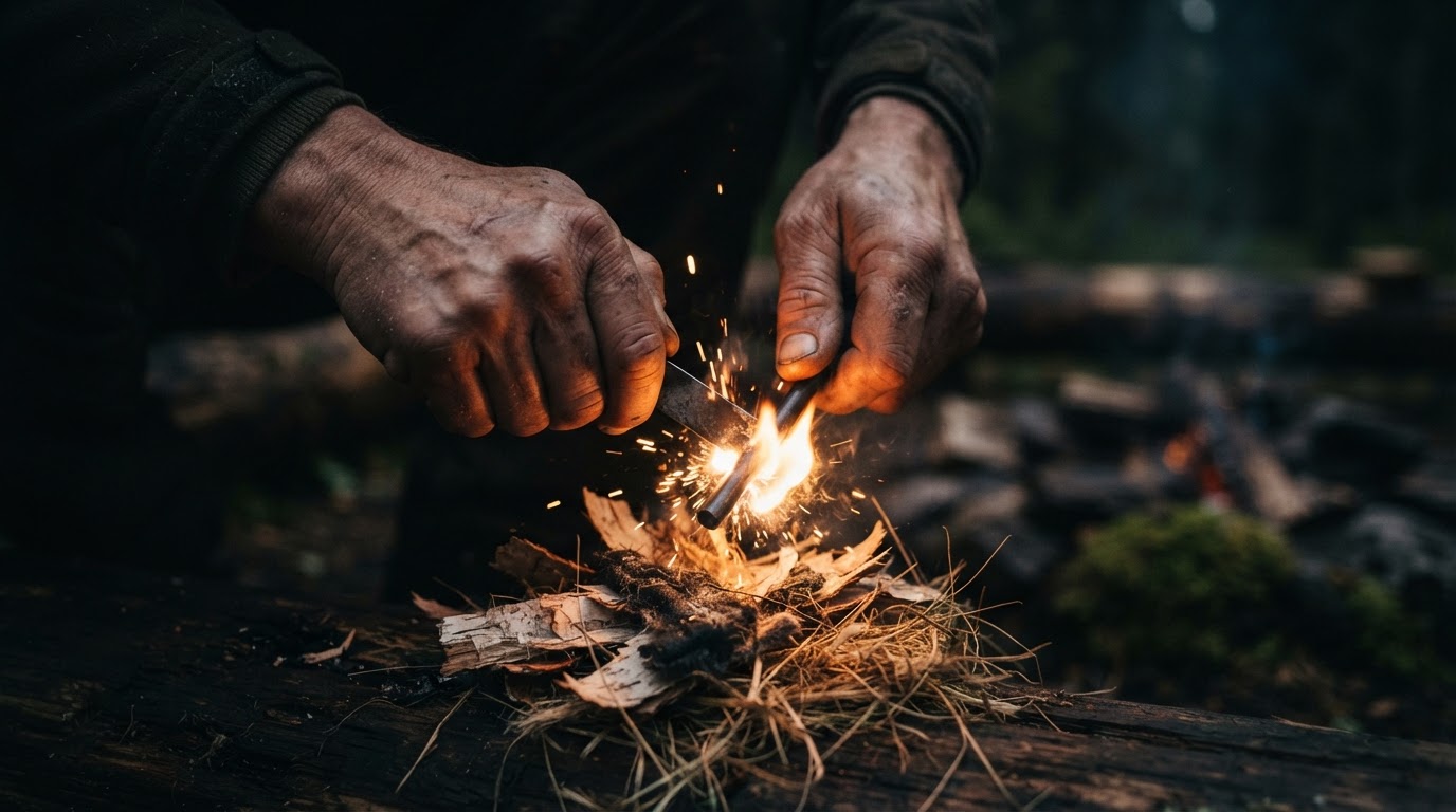 Hands starting a fire with flint and steel