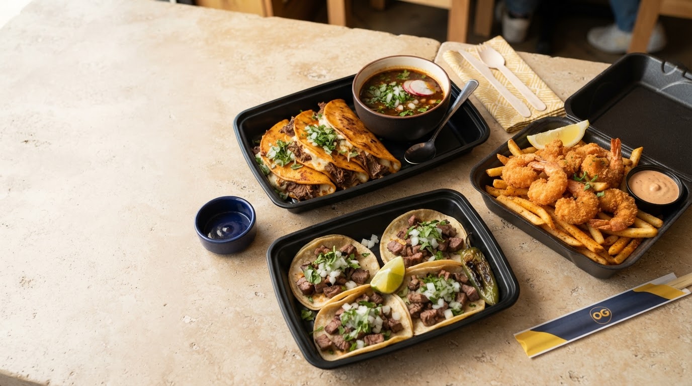Mexican street food spread — quesabirria tacos, street tacos and breaded shrimp