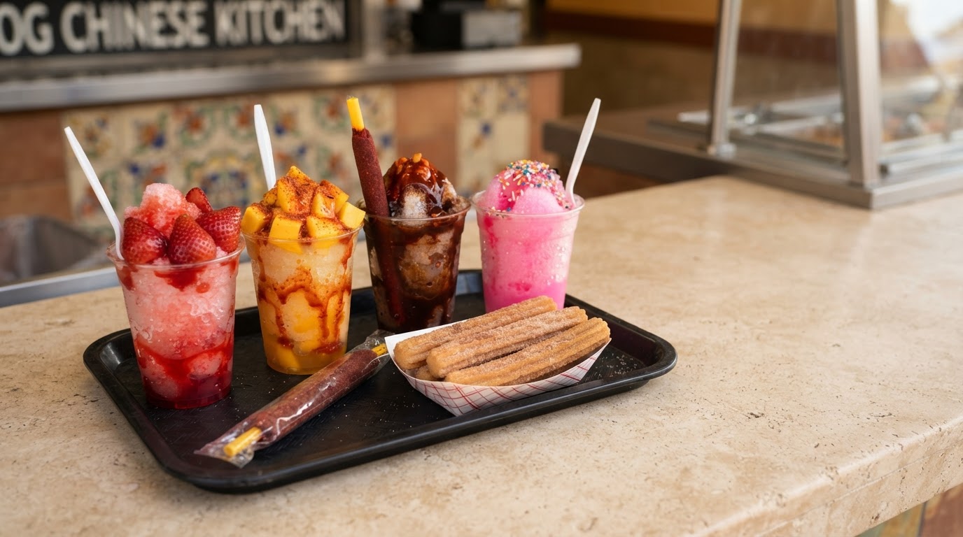 Mexican dessert kiosk — colorful raspas, churros and tamarind candy
