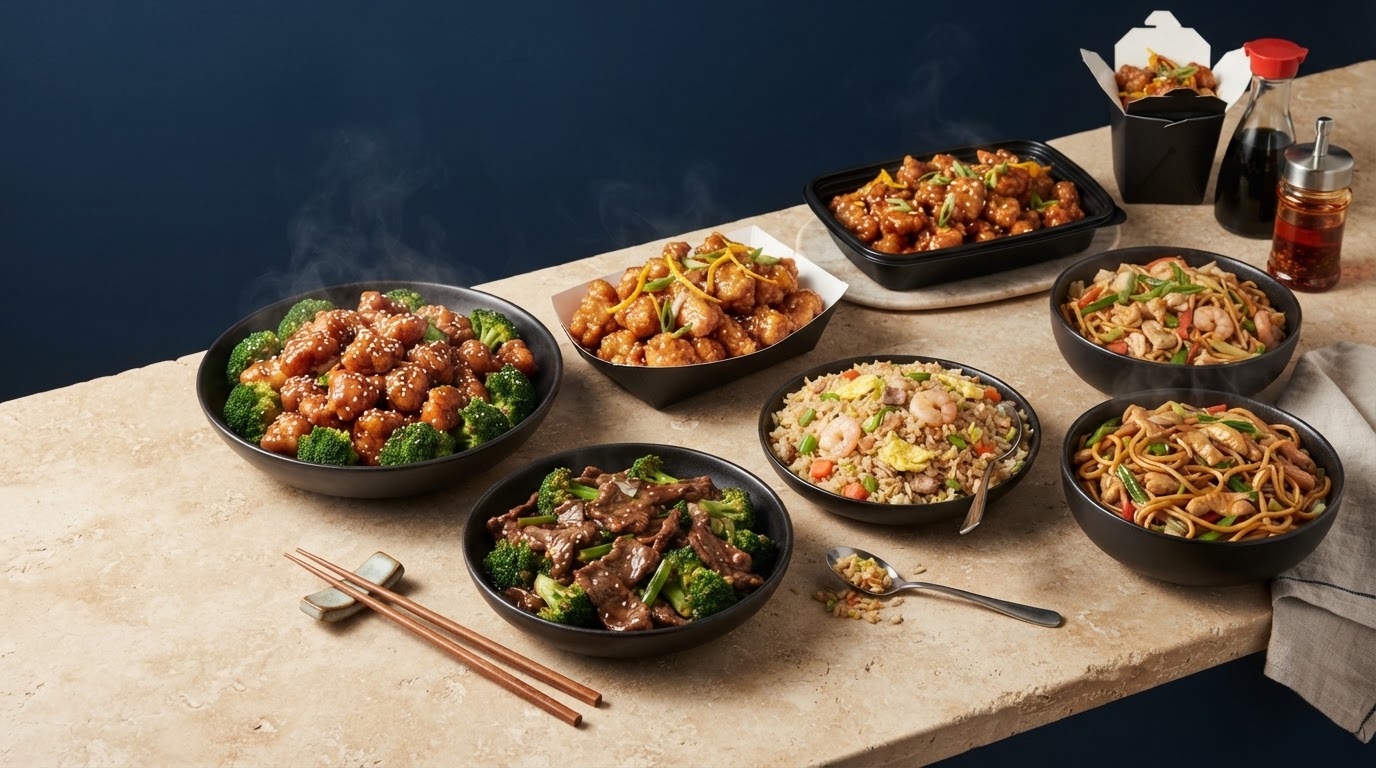OG Chinese Kitchen spread of General Tso, orange chicken, beef broccoli, lo mein and fried rice