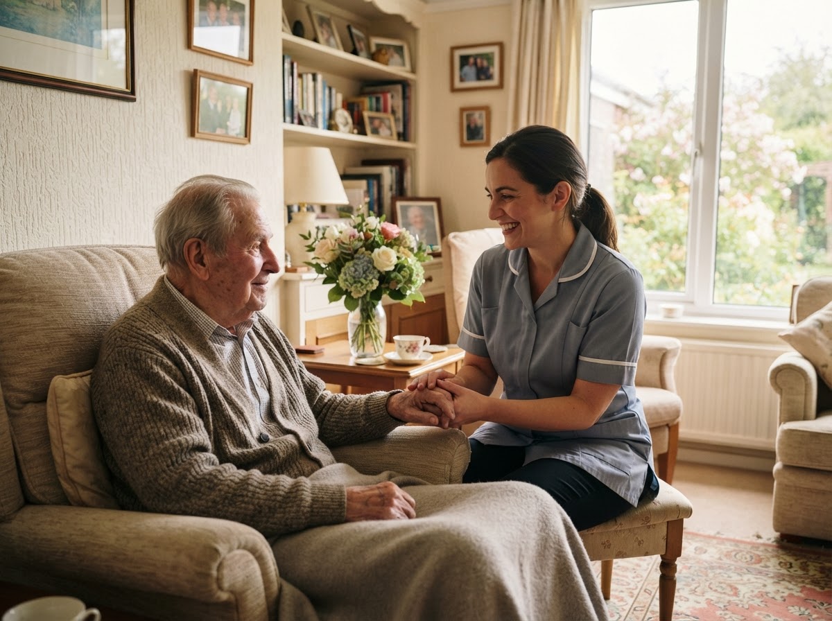 A caregiver gently supporting a senior resident in our Silver Spring home