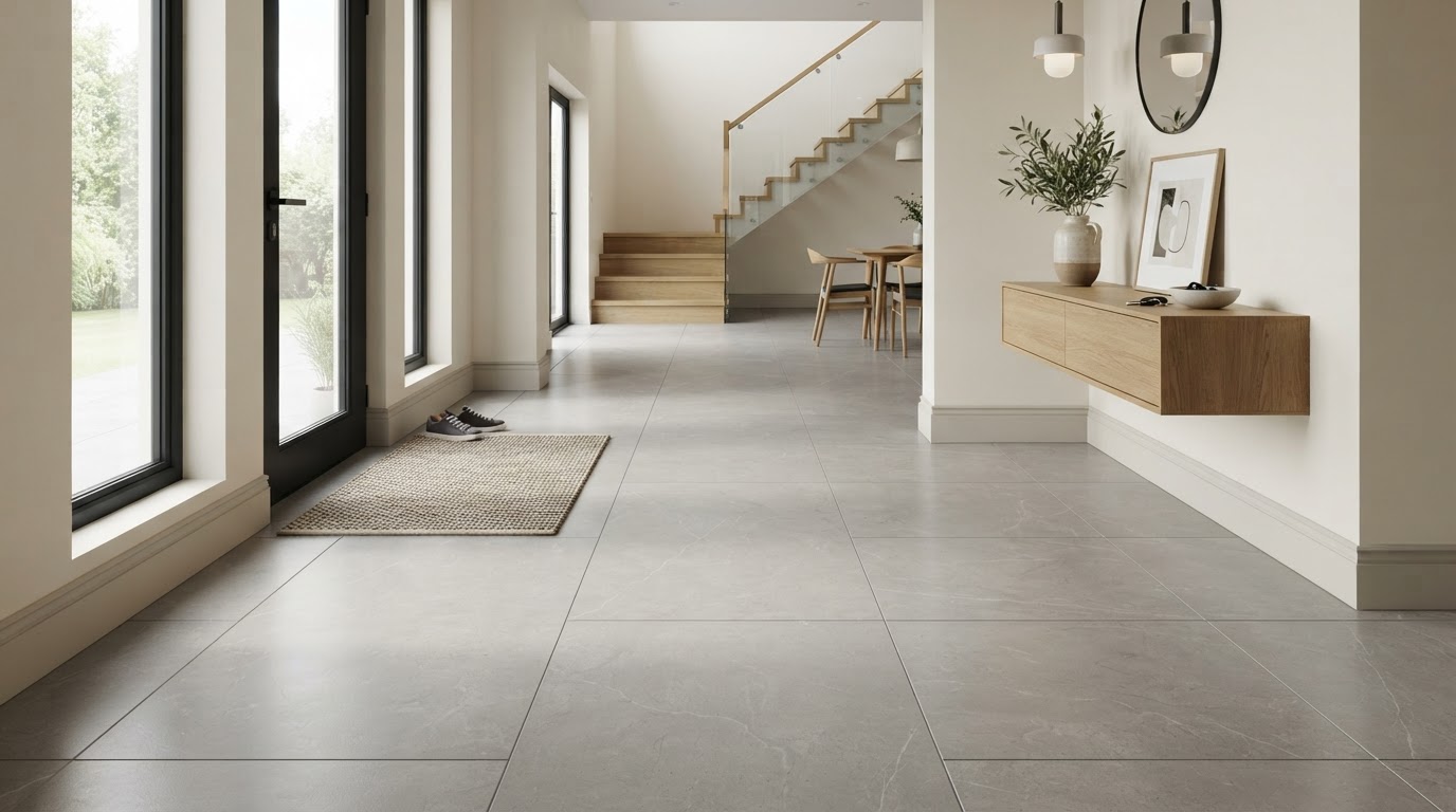 Large-format porcelain tile flooring in a modern entryway with precision grout lines