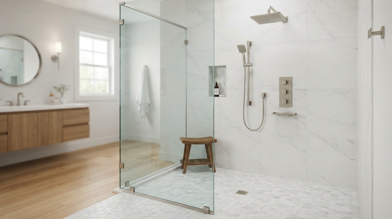 Curbless zero-entry shower with hexagon floor tile and brushed nickel fixtures