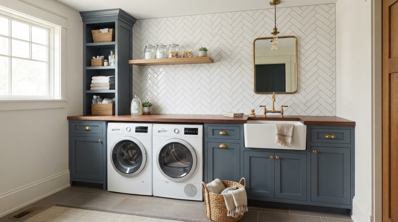 Herringbone tile pattern in a modern laundry room with craftsman detail