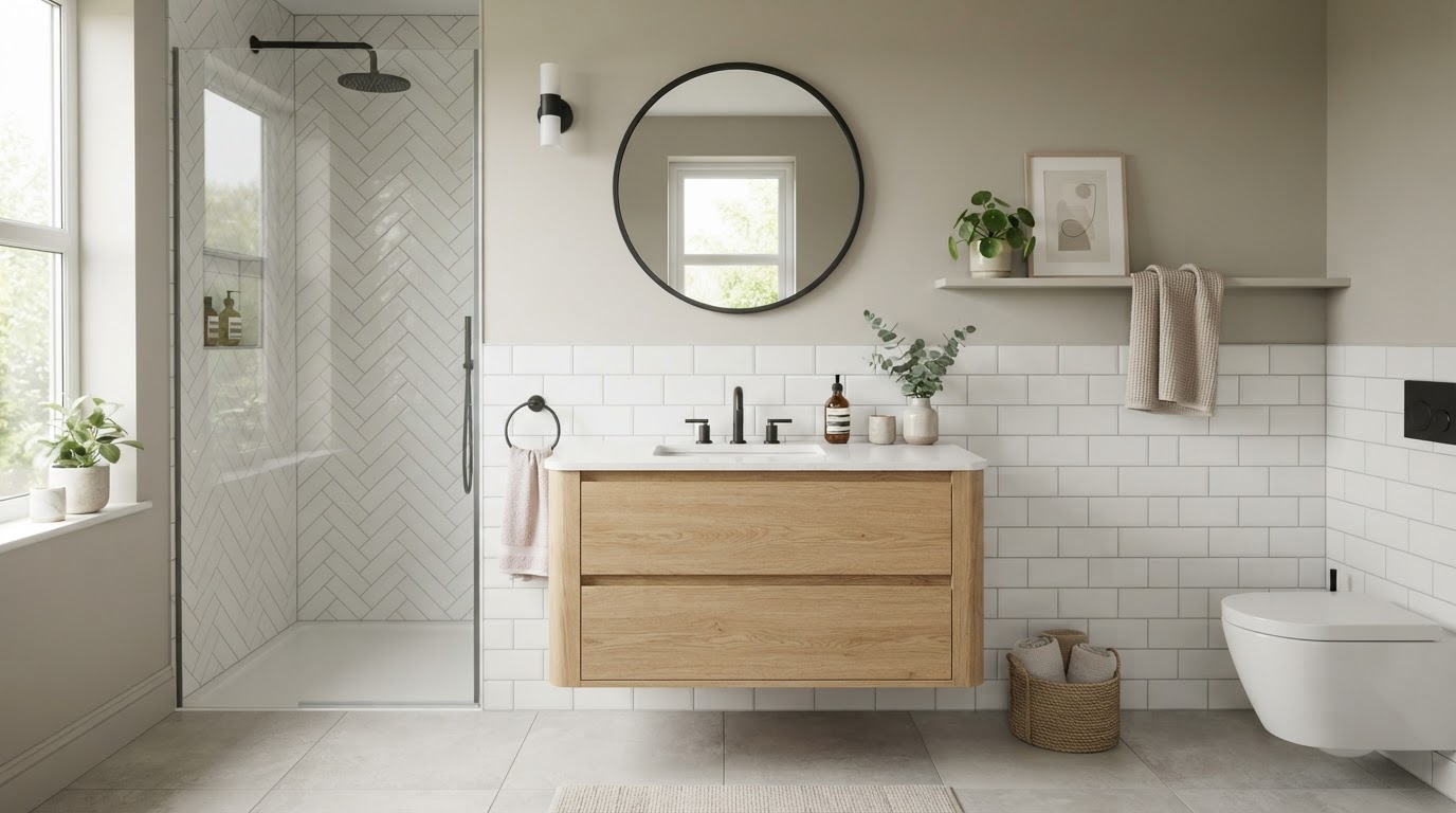 Fresh guest bathroom renovation with stylish vanity and subway wainscoting