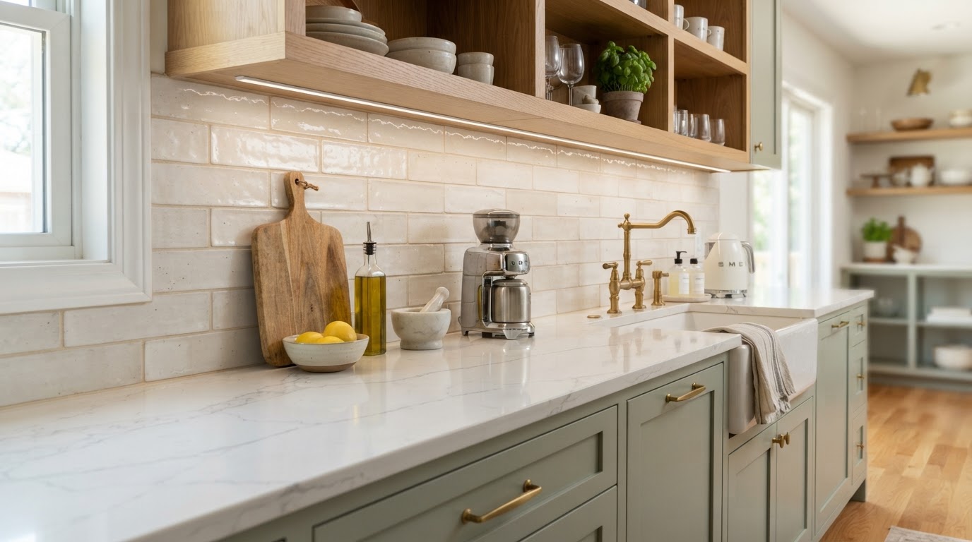 Custom kitchen backsplash featuring handmade ceramic subway tile and quartz counters