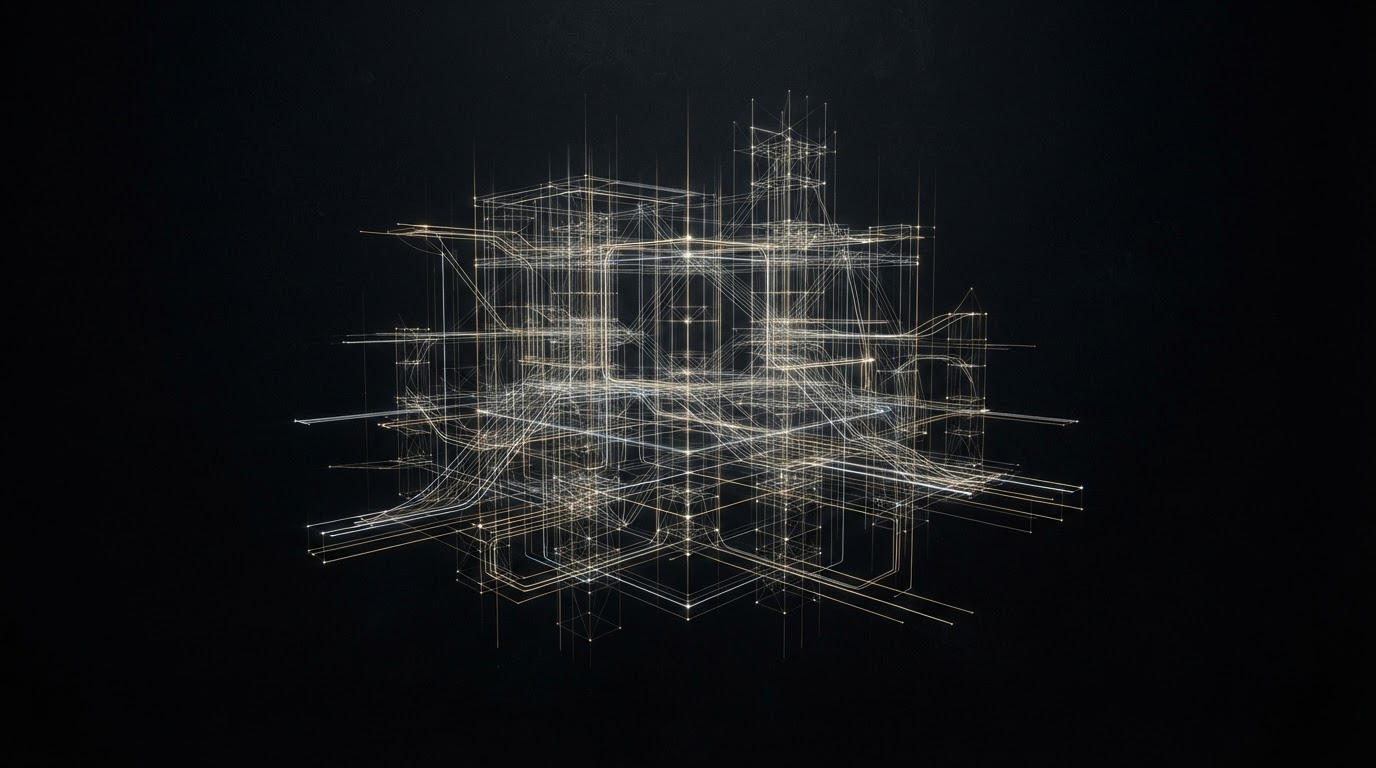 Abstract luminous digital infrastructure blueprint in dark space
