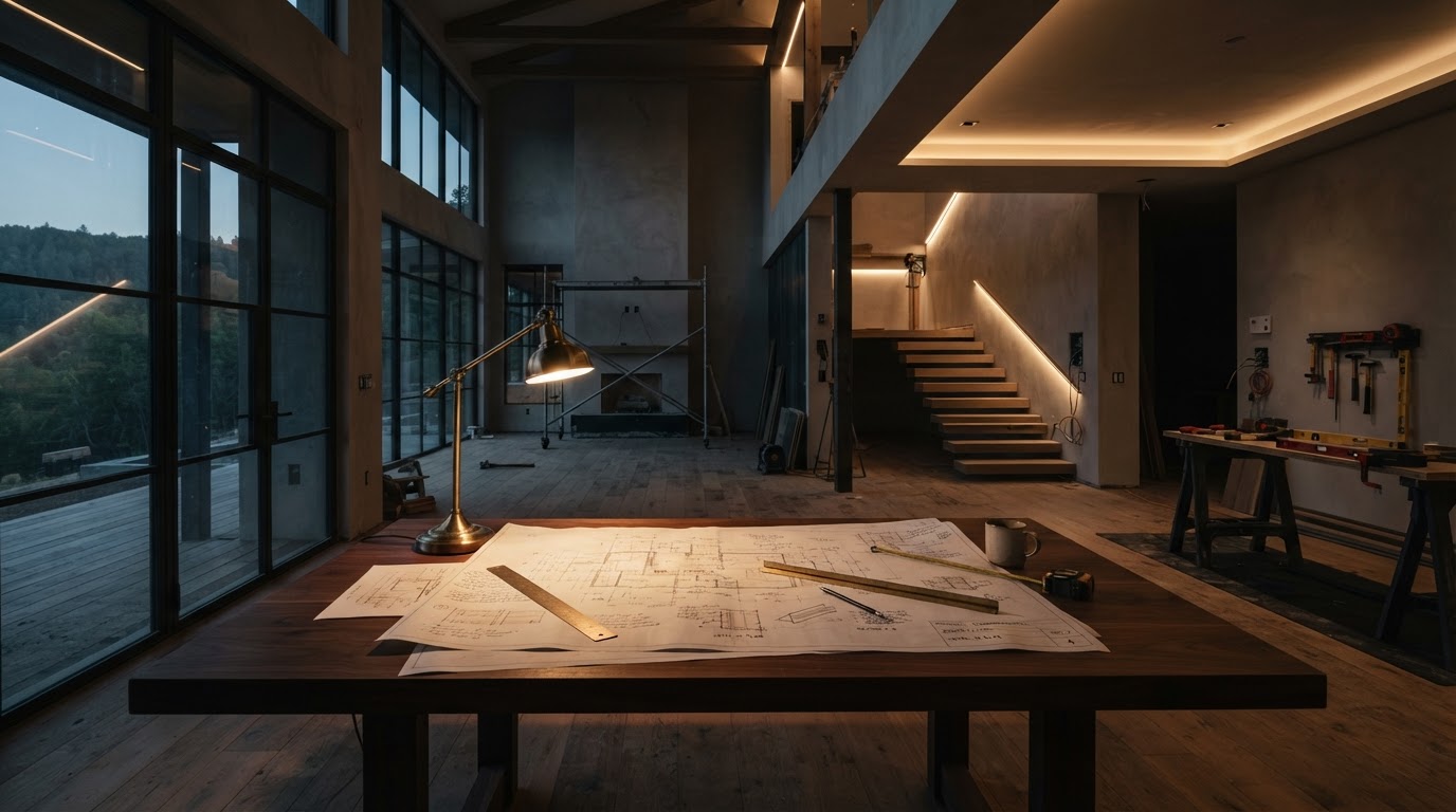 Physical real estate project blueprints and construction